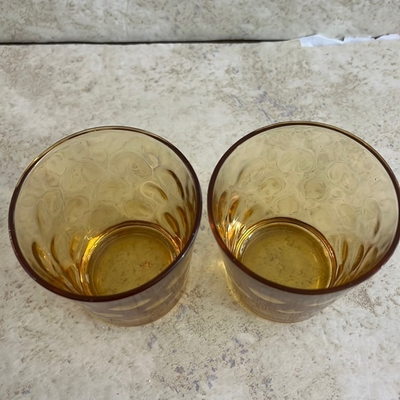Hazel Atlas Optic Dot Amber Lowball Glasses Pair MCM - Picture 2 of 7
